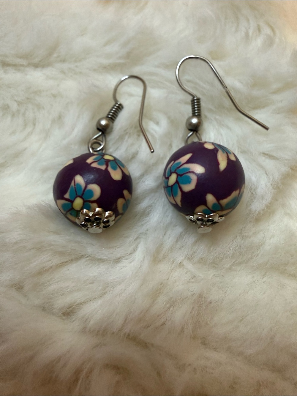 Artisan Style Floral Polymer Clay Bead Dangle Earrings Purple Blue Boho